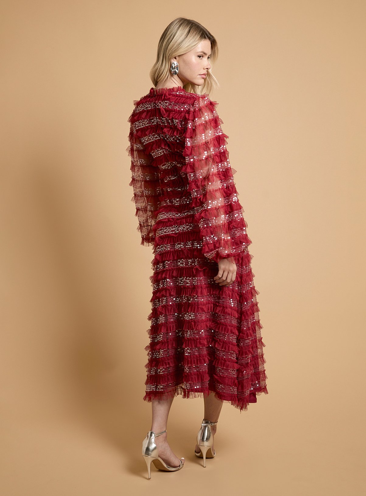 OASIS Long Sleeve Sequin Mesh Midaxi Dress Red 6 - Image 3 thumbnail